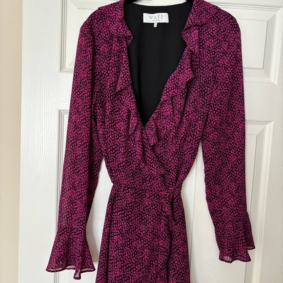 WAYF Dress Maddie Ruffled Wrap Dress, Pink/Black Size L - Picture 4 of 15